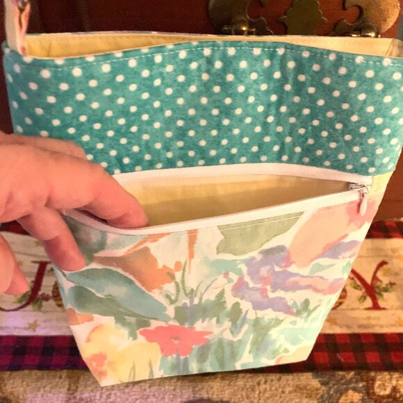 Handmade Aqua Floral Cotton Crossbody Bag with Lining and Zippered Closure - Picture 5 of 10